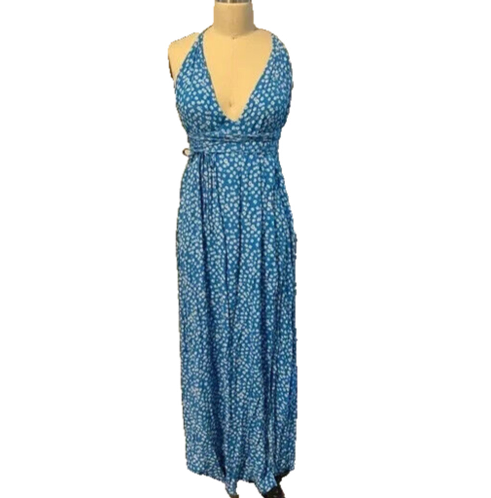 Skylar + Madison Floral Maxi Dress Womens L Blue Halter Open Back Boho